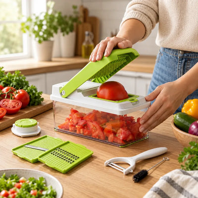 A person pressing a tomato through the Vegetable Chopper on a wooden kitchen counter, with the clear catch container below filled with diced tomato and spare green blade inserts, a peeler and cleaning brush laid out nearby alongside fresh vegetables.