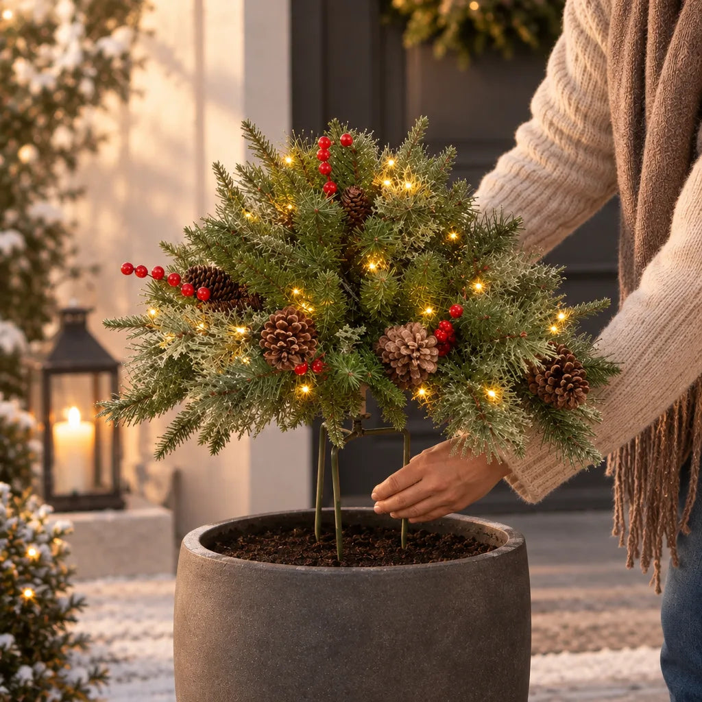 A woman in a cream knit sweater places the pre-lit Christmas arrangement with pine cones and berries into a grey stone planter on a snowy porch, its warm fairy lights glowing among frosted fir sprigs, pine cones and red berries atop a three-legged stake pressed into the soil.
