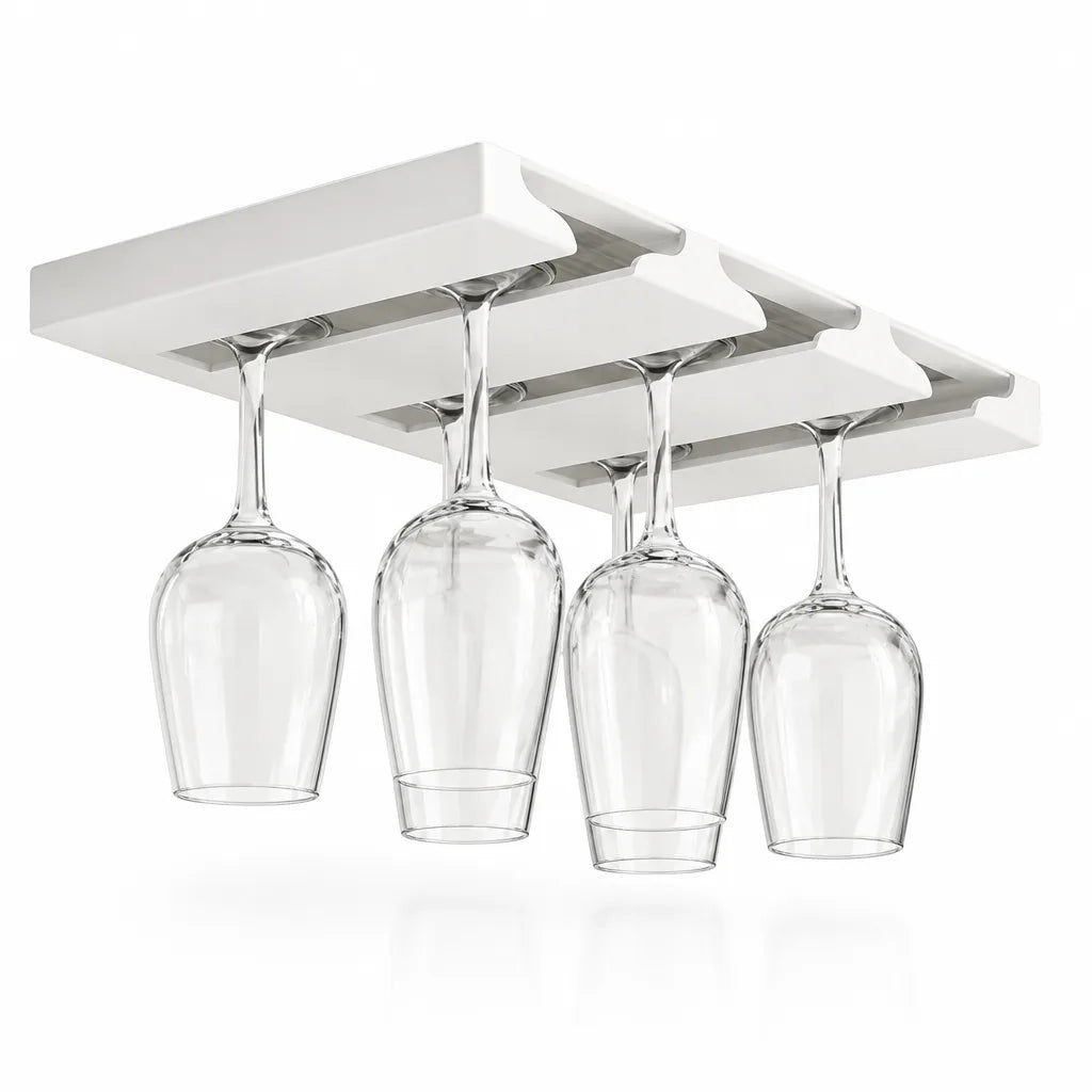 A white under-cabinet wine glass rack with three slots, shown against a plain white background with four clear stemmed glasses hanging upside down from its rails.