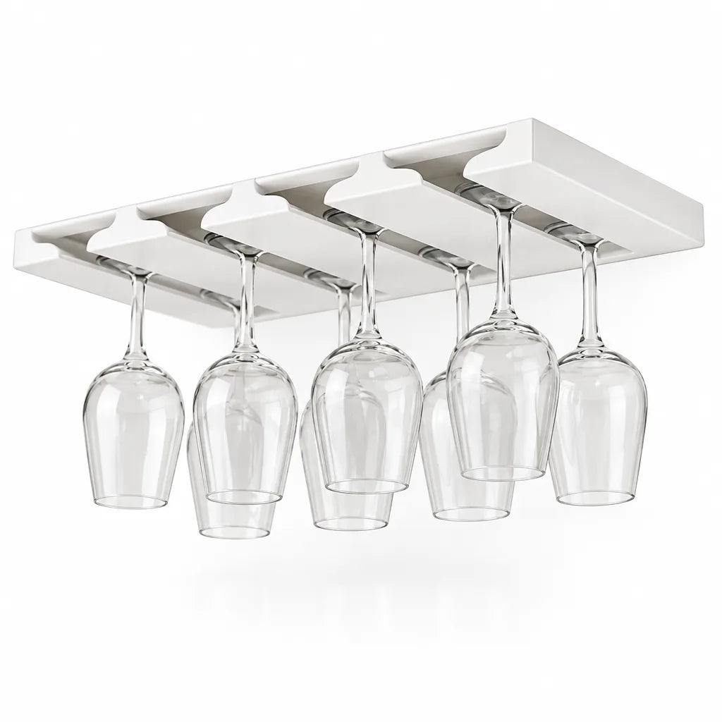 White under-cabinet Wine Glass Rack shown against a plain white background, its slotted rails holding five clear stemmed wine glasses hanging upside down side by side.