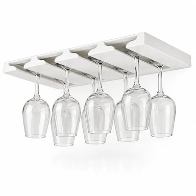 White under-cabinet Wine Glass Rack shown against a plain white background, its slotted rails holding five clear stemmed wine glasses hanging upside down side by side.