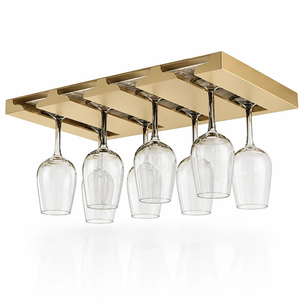 Gold-finished Wine Glass Rack with four slots, shown mounted upside down against a white background with nine empty stemmed wine glasses hanging from its rails.