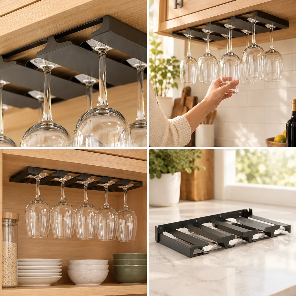 Four-panel view of a black metal wine glass rack mounted under wooden kitchen cabinets: a close-up of stemmed glasses hanging upside down in its channels, a hand sliding a glass out from a row of five, a wider shot of the loaded rack above a shelf of bowls and plates, and the empty rack resting on a marble counter.